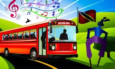 a promotional picture of a bus filled with traditional musicians on their to a performance