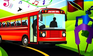 artwork of an excursion bus filled with local musicians and revellers