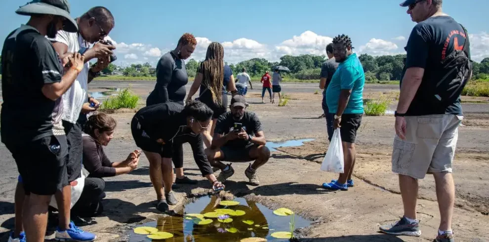 Unique to Trinidad, the pitch lake is the largest natural deposit of asphalt in the world, estimated to contain 10 million tons, here visitors exmaine lillies grown between the pitch lake southern trinidad another breath-taking experience